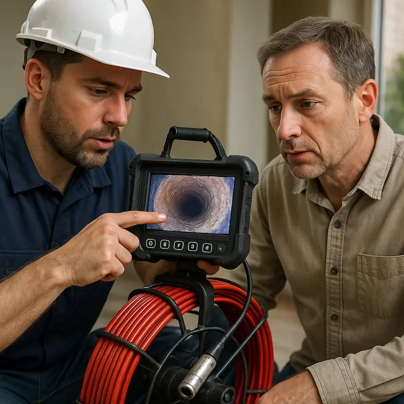 Técnico mostrando resultados de inspección a un cliente